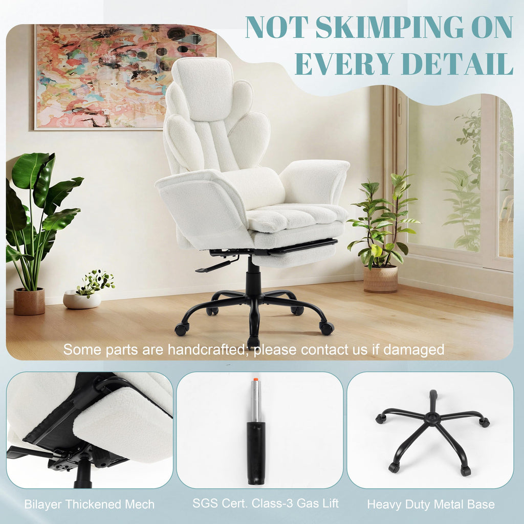 Flip Armrests Criss Cross Office Chair, Reclining Office Chair with Foot Rest, Adjustable Headrest, Massage Waist Pillow, Cross Legged Big and Tall Desk Chair Wide Seat Vanity Chair, Fabric White