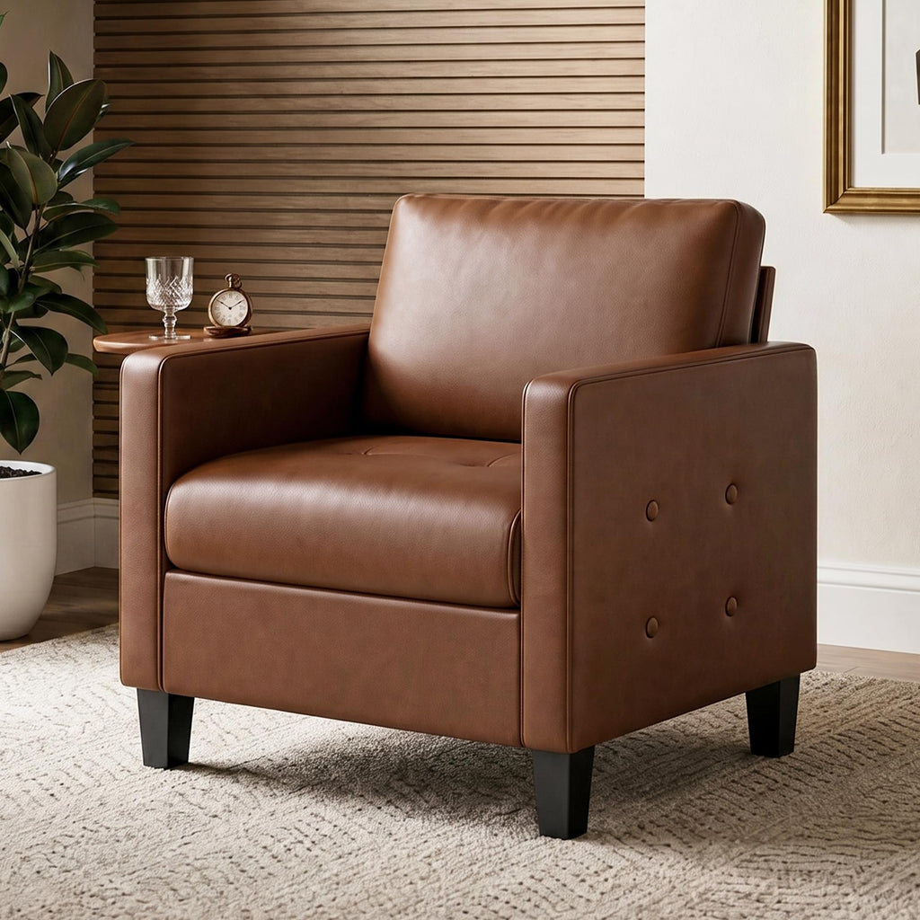 Accent Chair, Brown Leather Chair, Mid-Century Modern Living Room Chairs, Cozy Office Reading Chair with Tufted Seat and Armrest, Reception Armchairs for Bedroom, Waiting Room