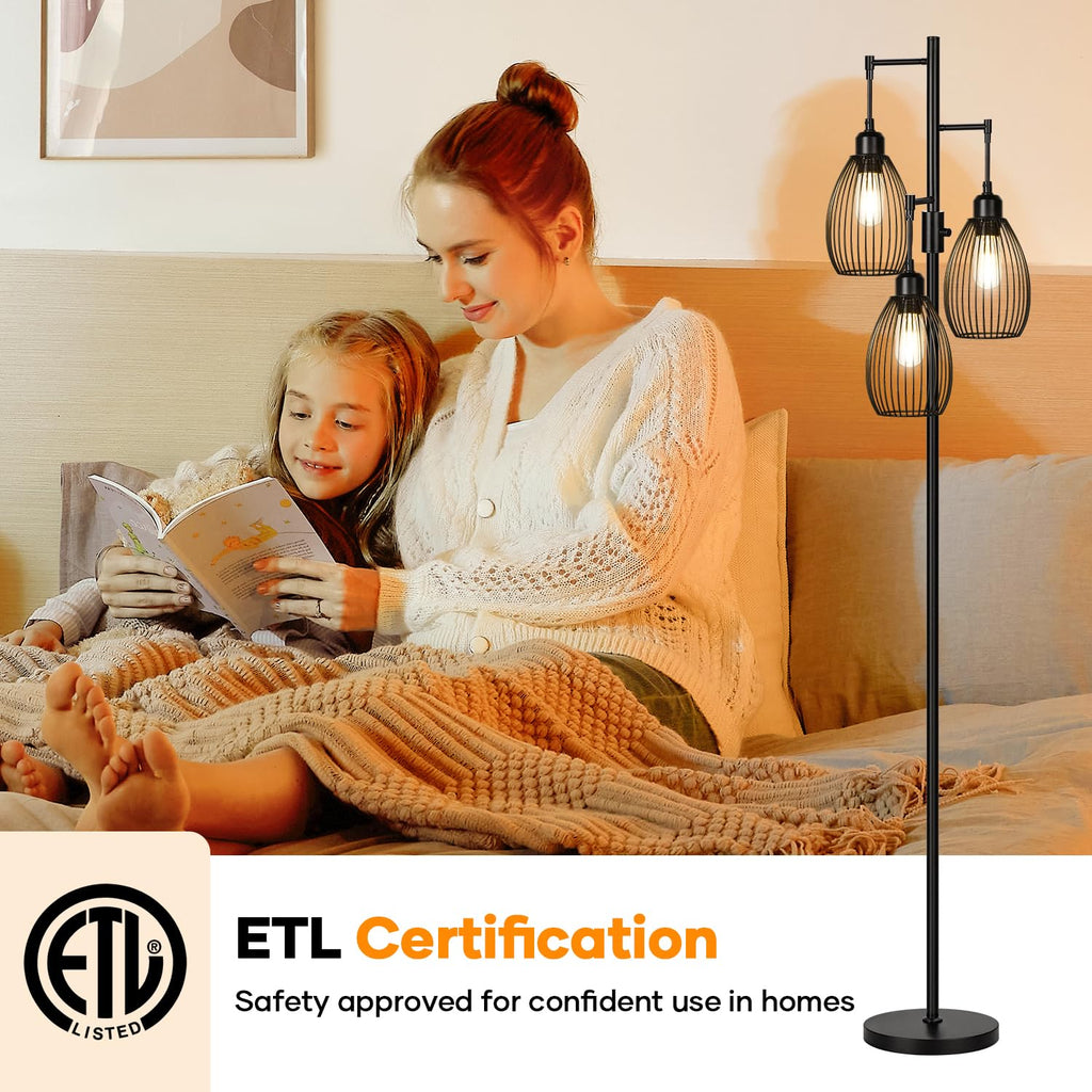 Floor Lamp, 3 x 800LM LED Edison Bulbs Included, Farmhouse Industrial Floor Lamp Standing Tree Lamp with Elegant Teardrop Cage Tall Lamps for Living Room Bedroom Office Dining Room-Black