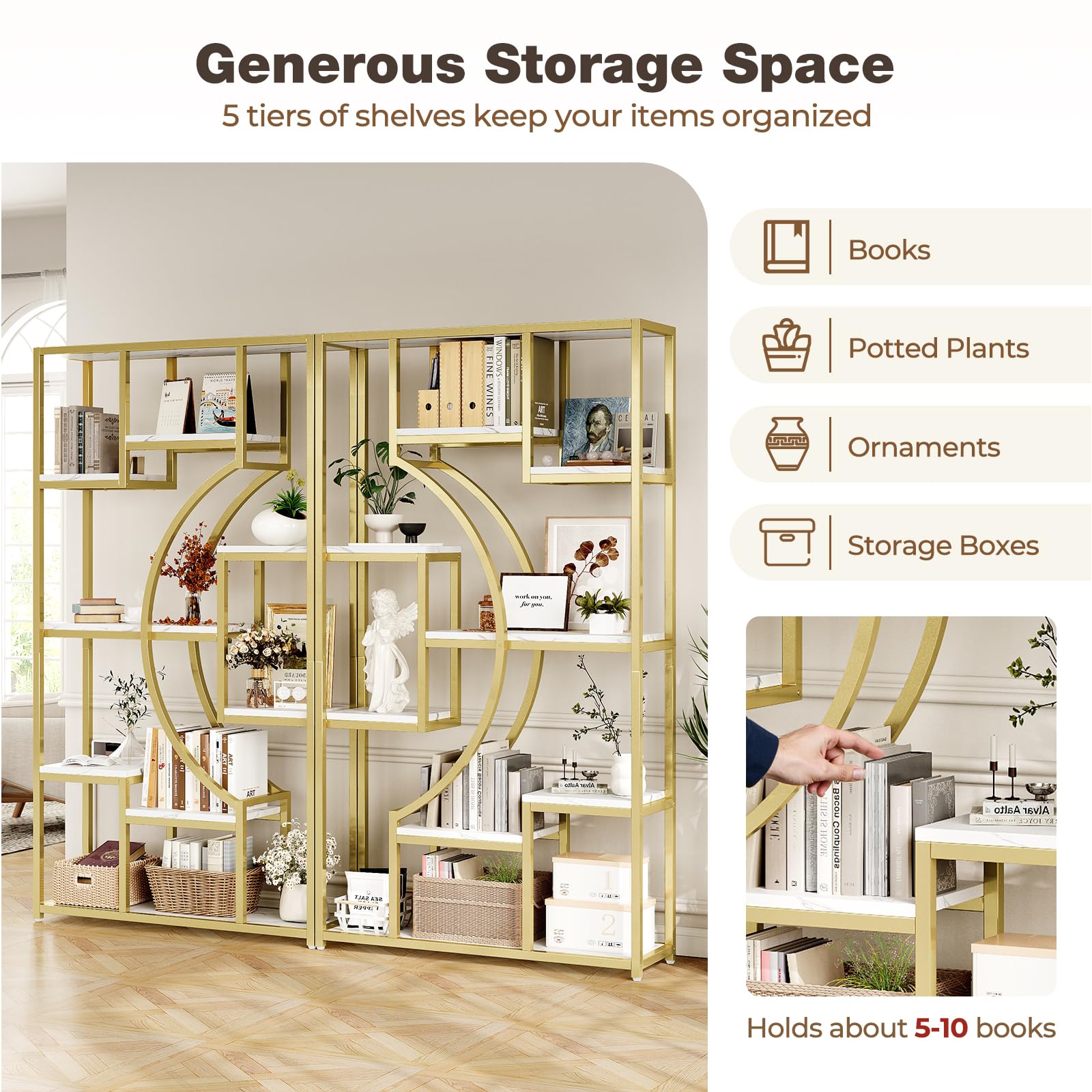 79" W Luxury Marble-Patterned White Gold Bookshelf, Modern Geometric Half-Moon Style, Flexible Modular Open Storage Unit for Living Room, Home, Office