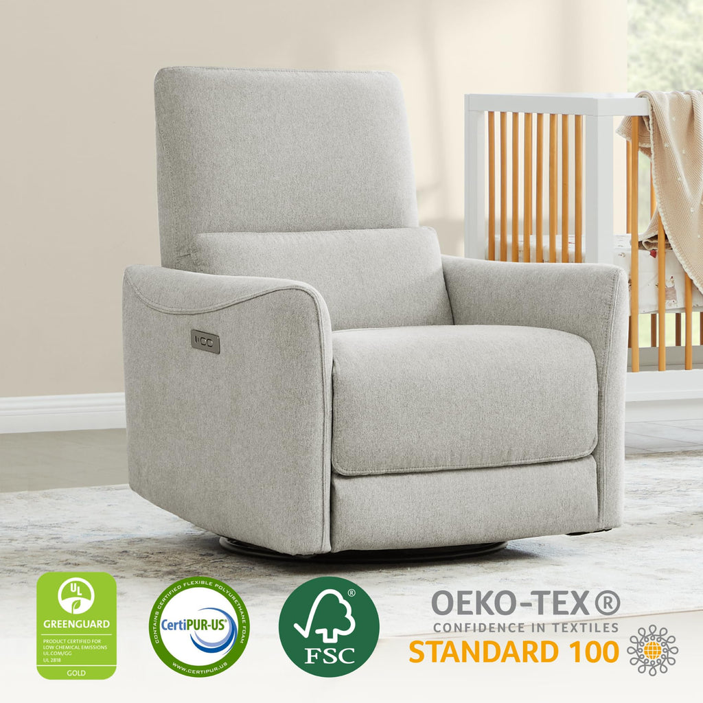 Power Recliner Chair Swivel Glider, FSC Certified Fabric Living Room Nursery Reclining Sofa Chair with Lumbar Support, Dove Grey