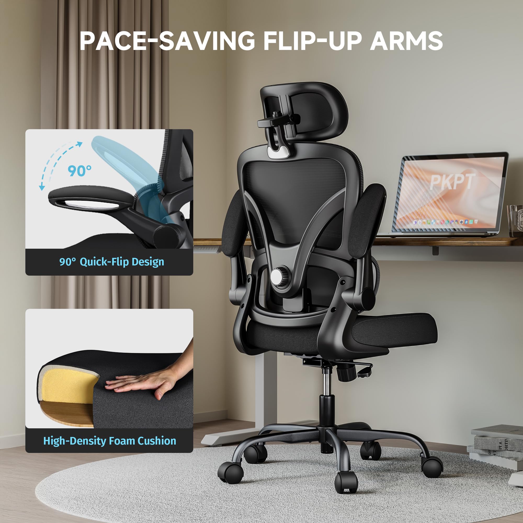 Ergonomic Office Chair, 330LBS Desk Chair with 3-Level Lumbar Support & Headrest, Breathable Mesh Backrest, Flip-Up Armrests for Home Office and Gaming, Black