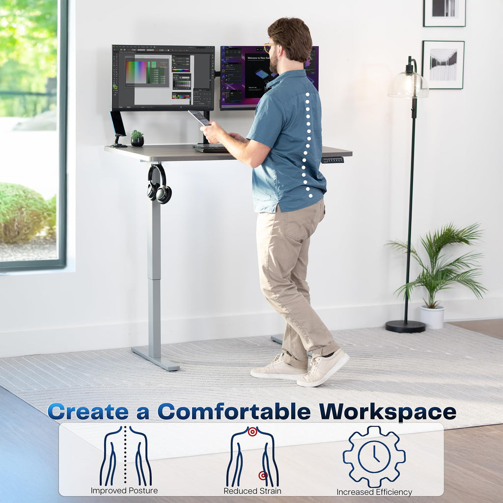 Electric 48 x 30 in Standing Desk, Memory Height Adjustment, 1B Series, Holds 220 lbs, One-Piece Dark Gray Top, Gray Frame