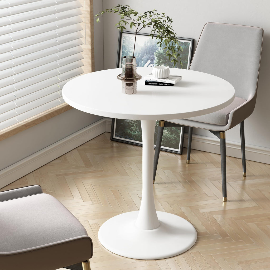 Kasinali Round Dining Table 30" Circle Tulip Table with Wood Thickened Tabletop & Sturdy Metal Pedestal Mid Century Modern Leisure Bistro Kitchen Tables 4 People Small Places Living Room Cafe,White