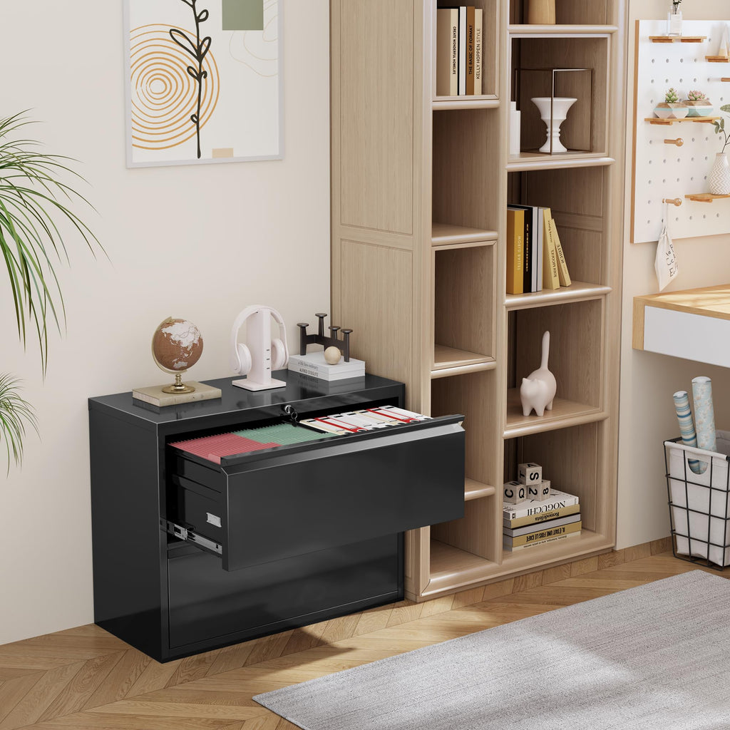 Lateral File Cabinet 2 Drawer, Black Metal File Cabinets for Home Office, Locking File Cabinet for Letter/Legal/F4/A4 Size, Easy Assembly