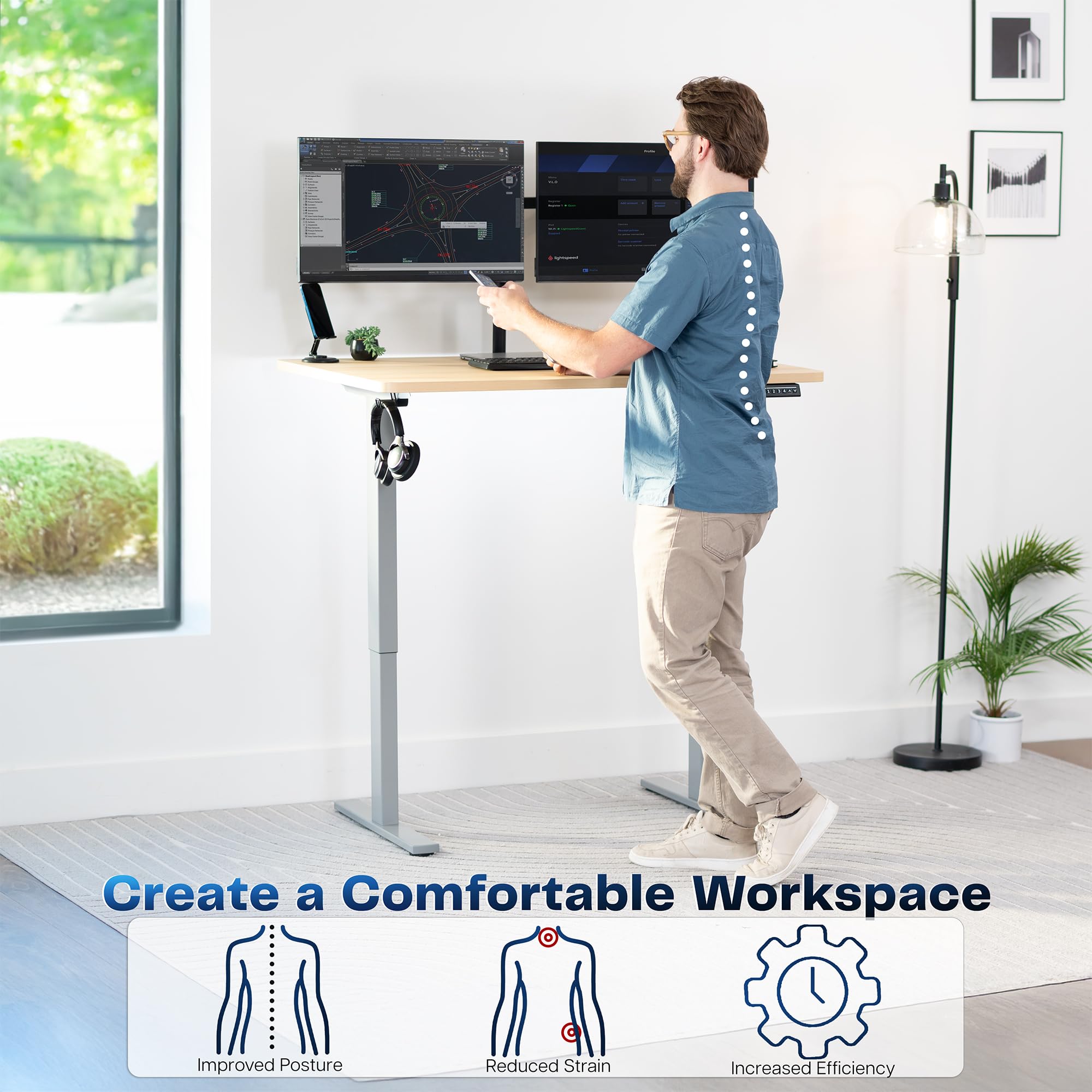 Electric 48 x 30 in Standing Desk, Memory Height Adjustment, 1B Series, Holds 220 lbs, One-Piece Light Wood Top, Gray Frame