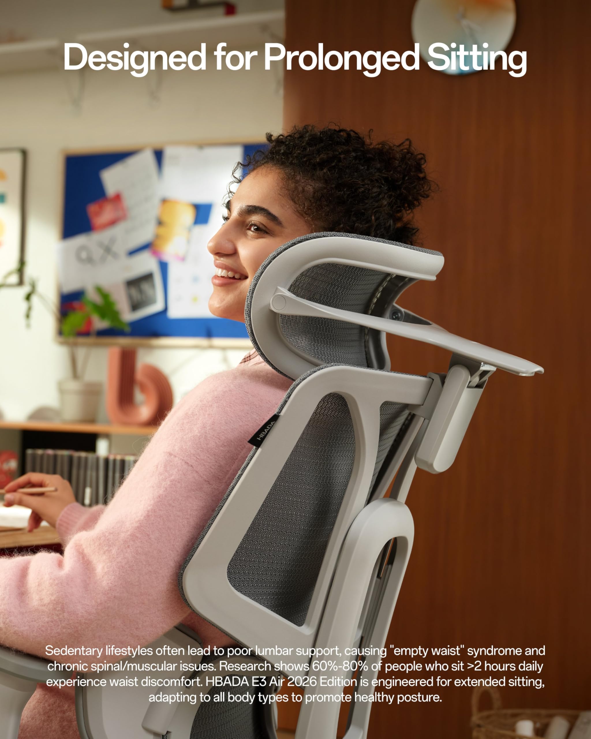 E3 Air 2026 Ergonomic Office Chair, 3-Zone Lumbar Support, Comfy Home Office Chair with Auto Recline, 4D Headrest & Armrests, 140° Tilt for Work & Relax, Grey with Footrest