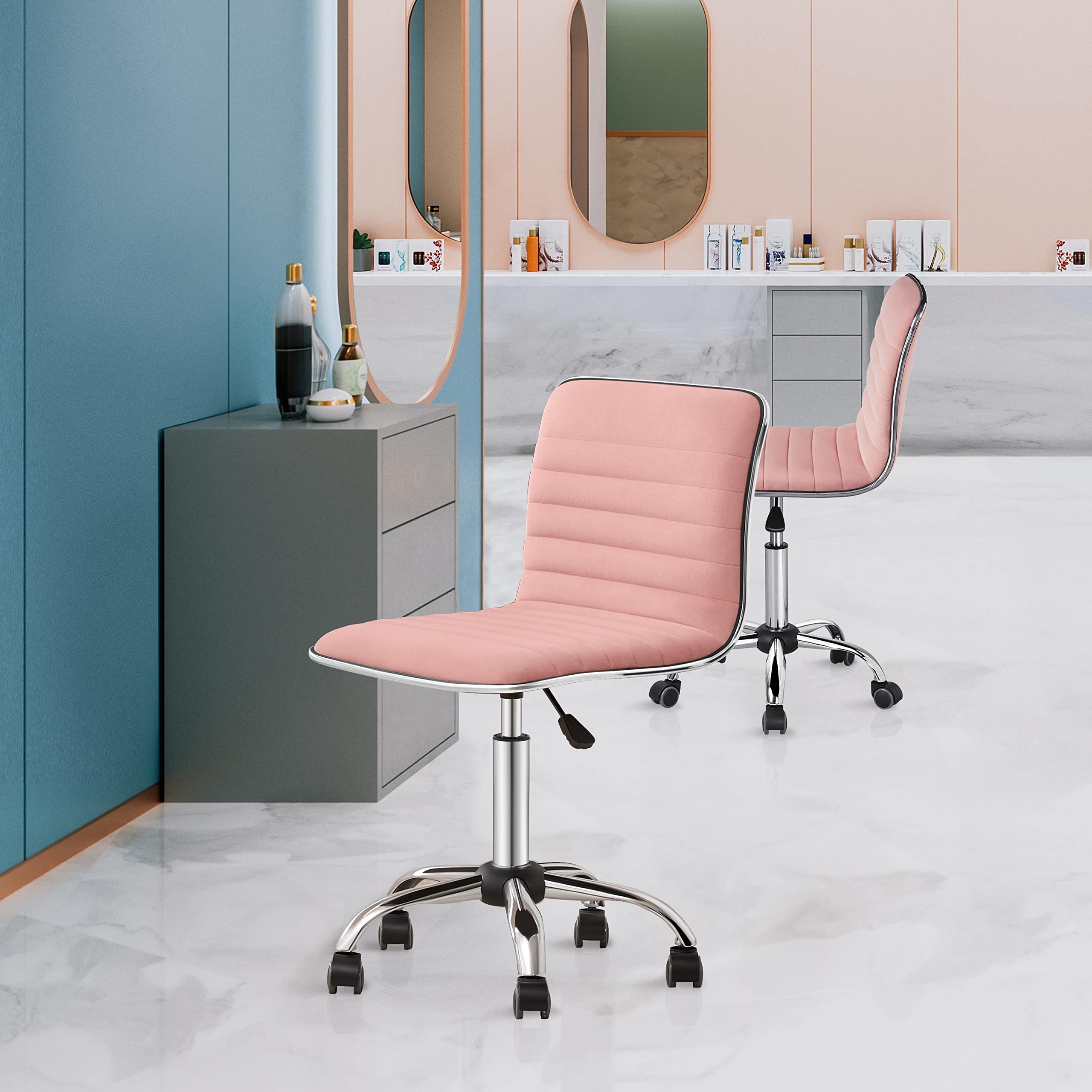 Velvet Low Back Armless Ribbed Vanity Chair Height Adjustable Swivel Task Office Chair, Apricot Pink