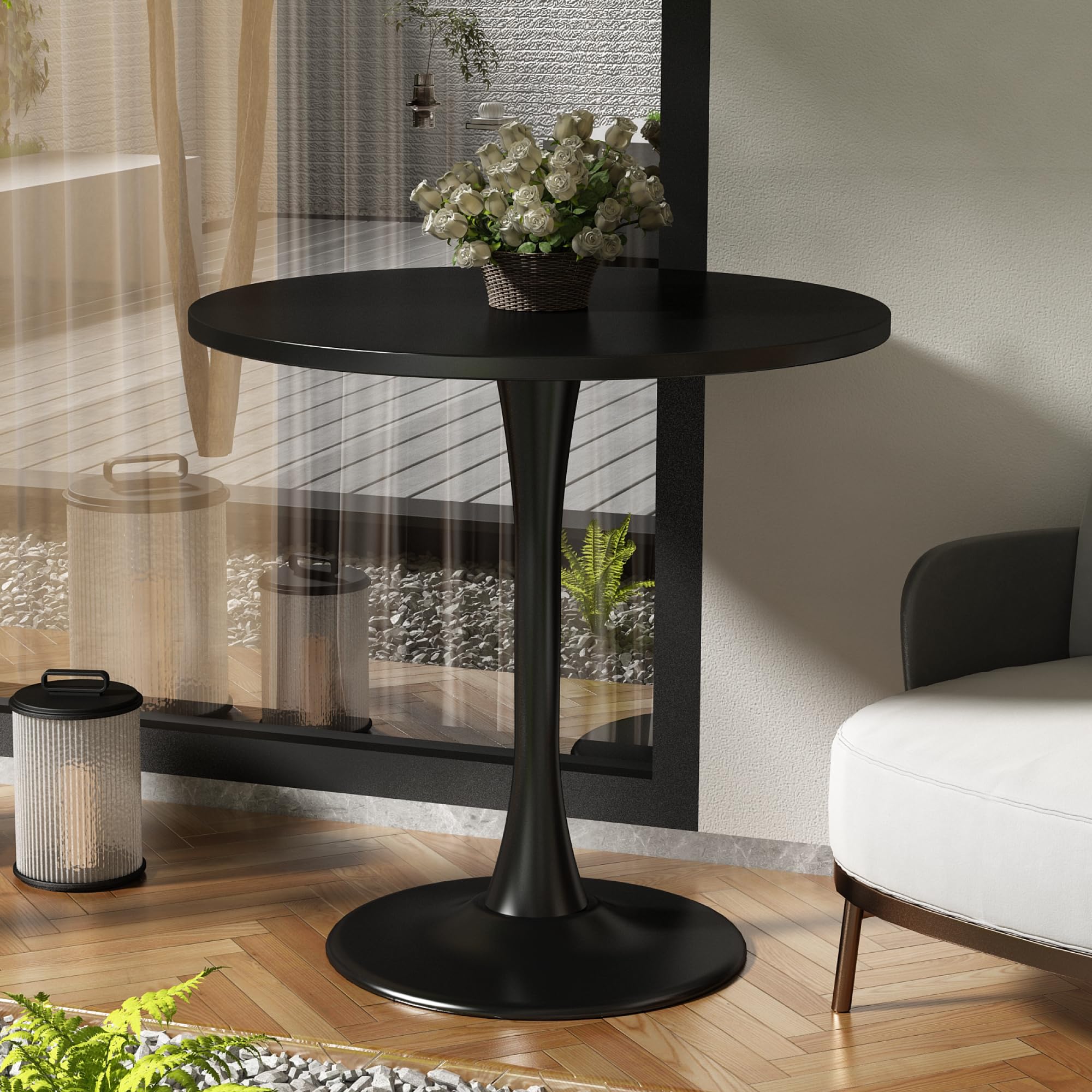 Kasinali Round Dining Table 30" Circle Tulip Table with Wood Thickened Tabletop & Sturdy Metal Pedestal Mid Century Modern Leisure Bistro Kitchen Tables 4 People Small Places Living Room Cafe,Black