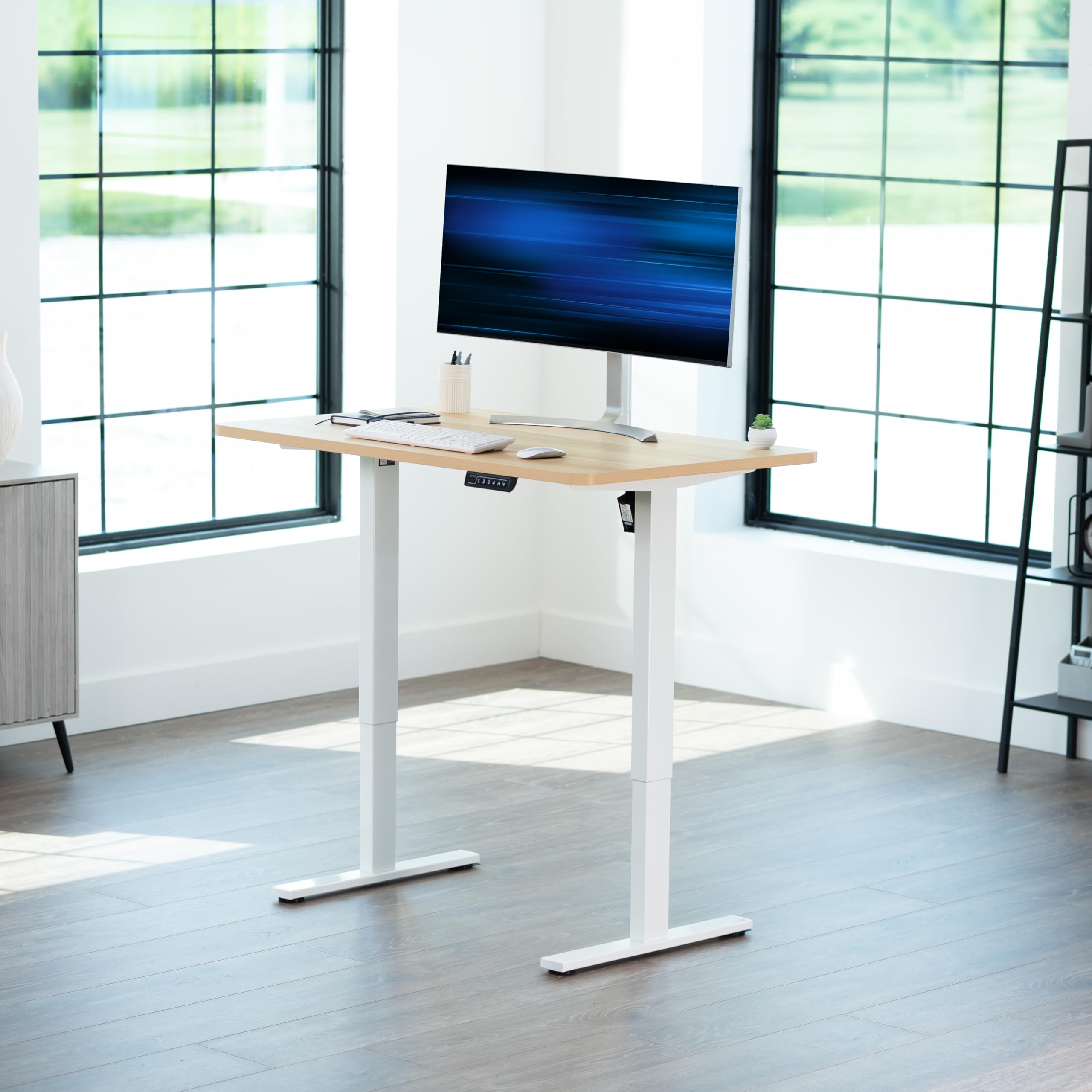Electric 48 x 30 in Standing Desk, Memory Height Adjustment, 1B Series, Holds 220 lbs, One-Piece Light Wood Top, White Frame