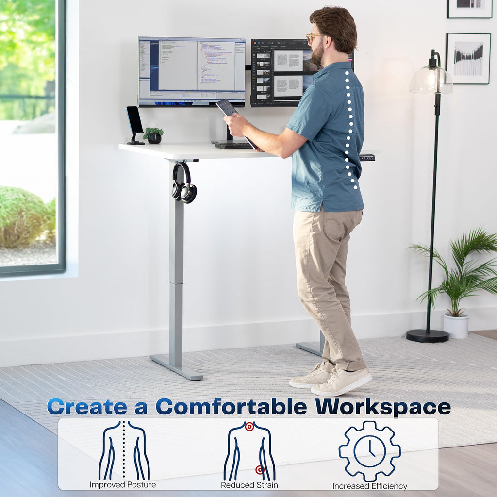 Electric 48 x 30 in Standing Desk, Memory Height Adjustment, 1B Series, Holds 220 lbs, One-Piece White Top, Gray Frame