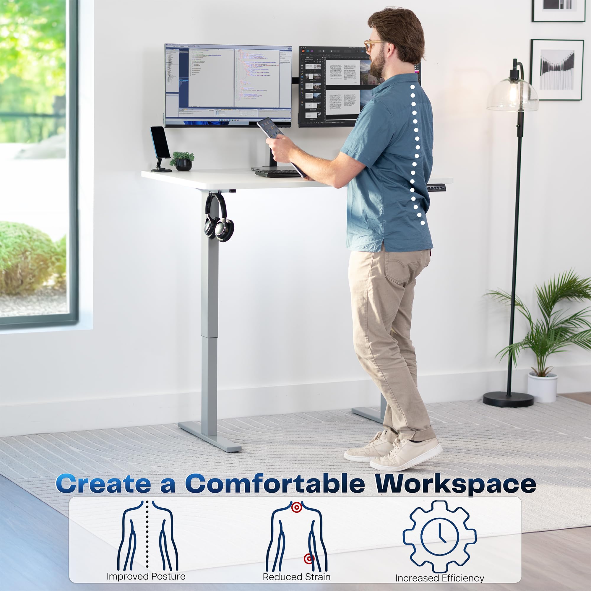 Electric 48 x 30 in Standing Desk, Memory Height Adjustment, 1B Series, Holds 220 lbs, One-Piece White Top, Gray Frame