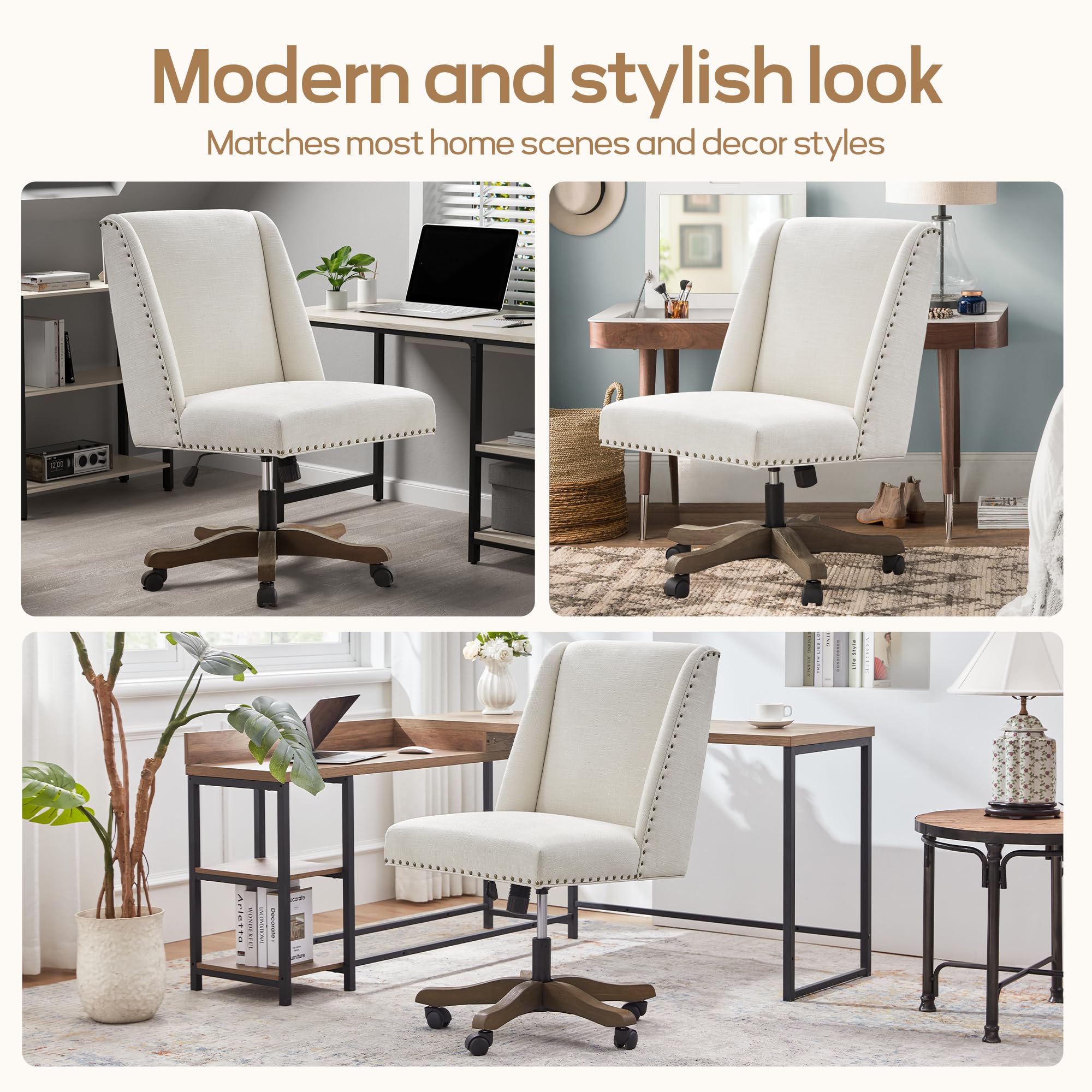 Armless Upholstered Office Chair with Wooden Legs, Modern Criss Cross Adjustable Home Office Desk Chair No Arms Sewing Chair Swivel Chair for Women Farmhouse Study Studio (Beige)