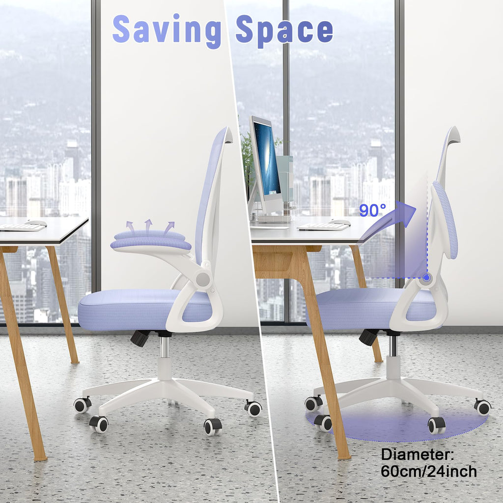 Ergonomic Office Chair, Mid Back Desk Chair with Adjustable Height, Flip-Up Arms and Lumbar Support, Breathable Mesh Swivel Computer Chair for Home Study Working/Light Purple