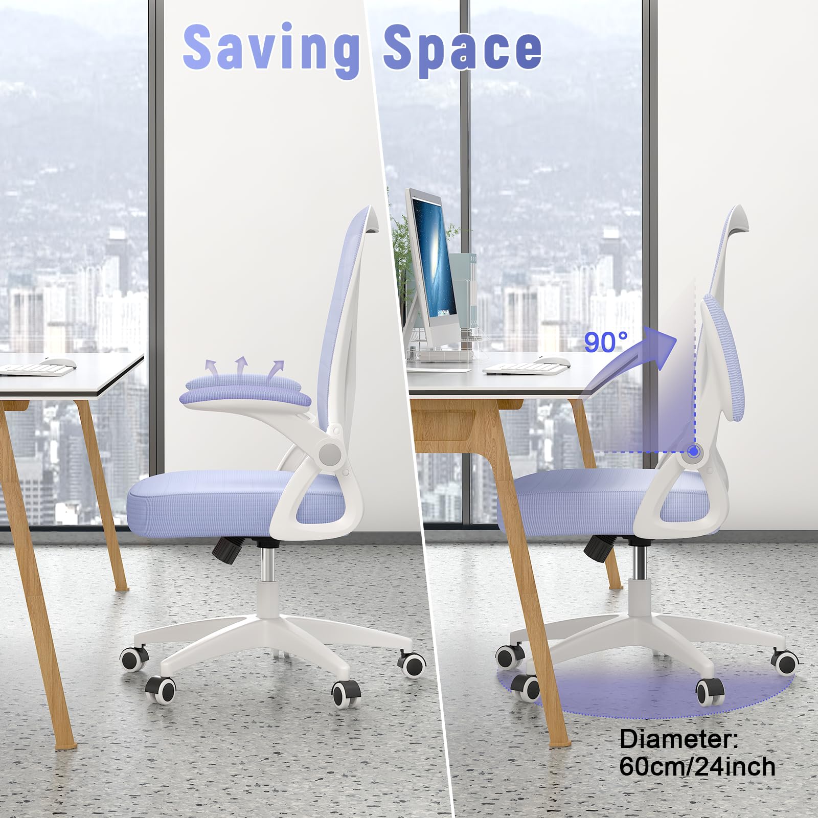 Ergonomic Office Chair, Mid Back Desk Chair with Adjustable Height, Flip-Up Arms and Lumbar Support, Breathable Mesh Swivel Computer Chair for Home Study Working/Light Purple