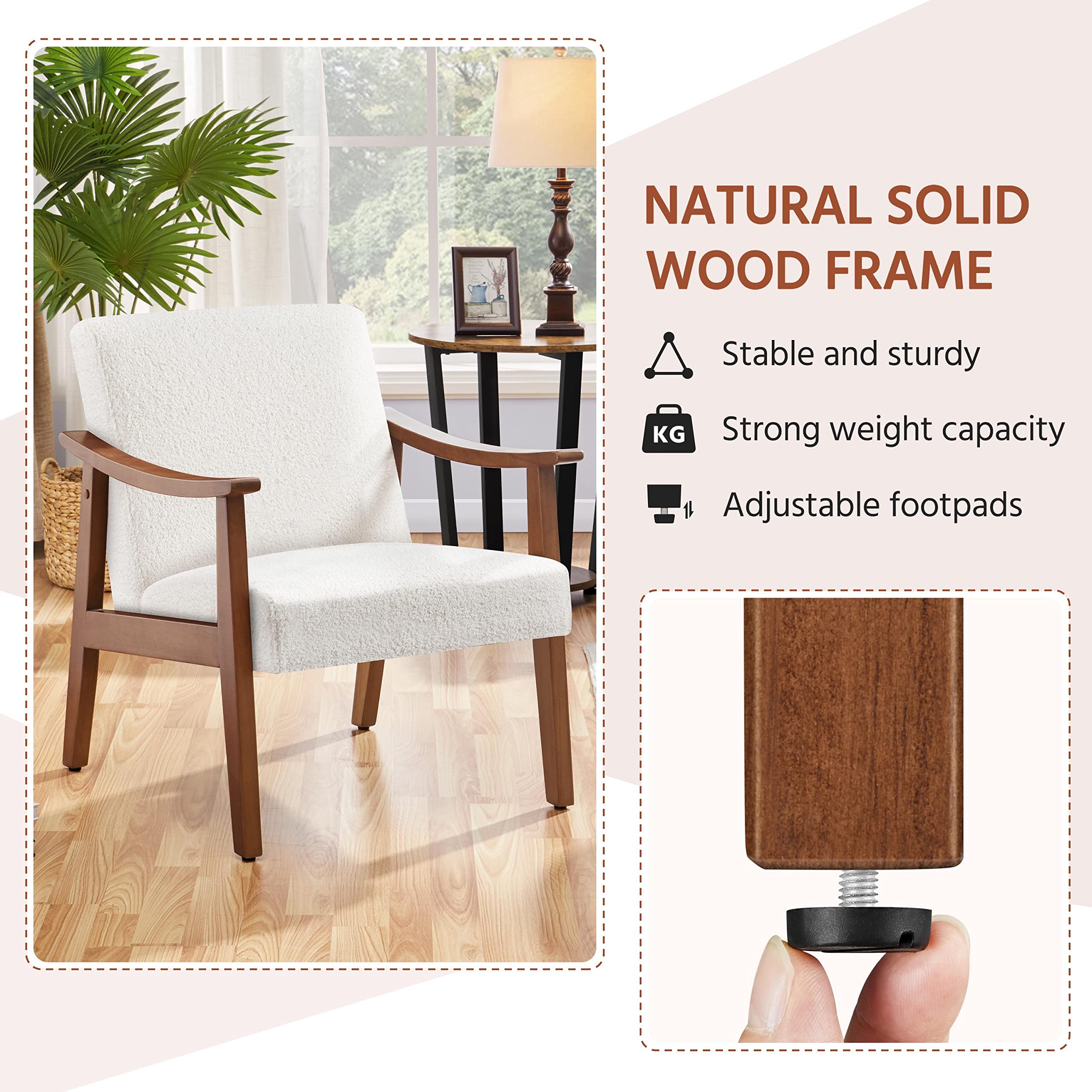 Fabric Accent Chair, Mid-Century Modern Armchair with Solid Wood Legs, Reading Leisure Chair with High Back for Living Room Bedroom Waiting Room,Ivory