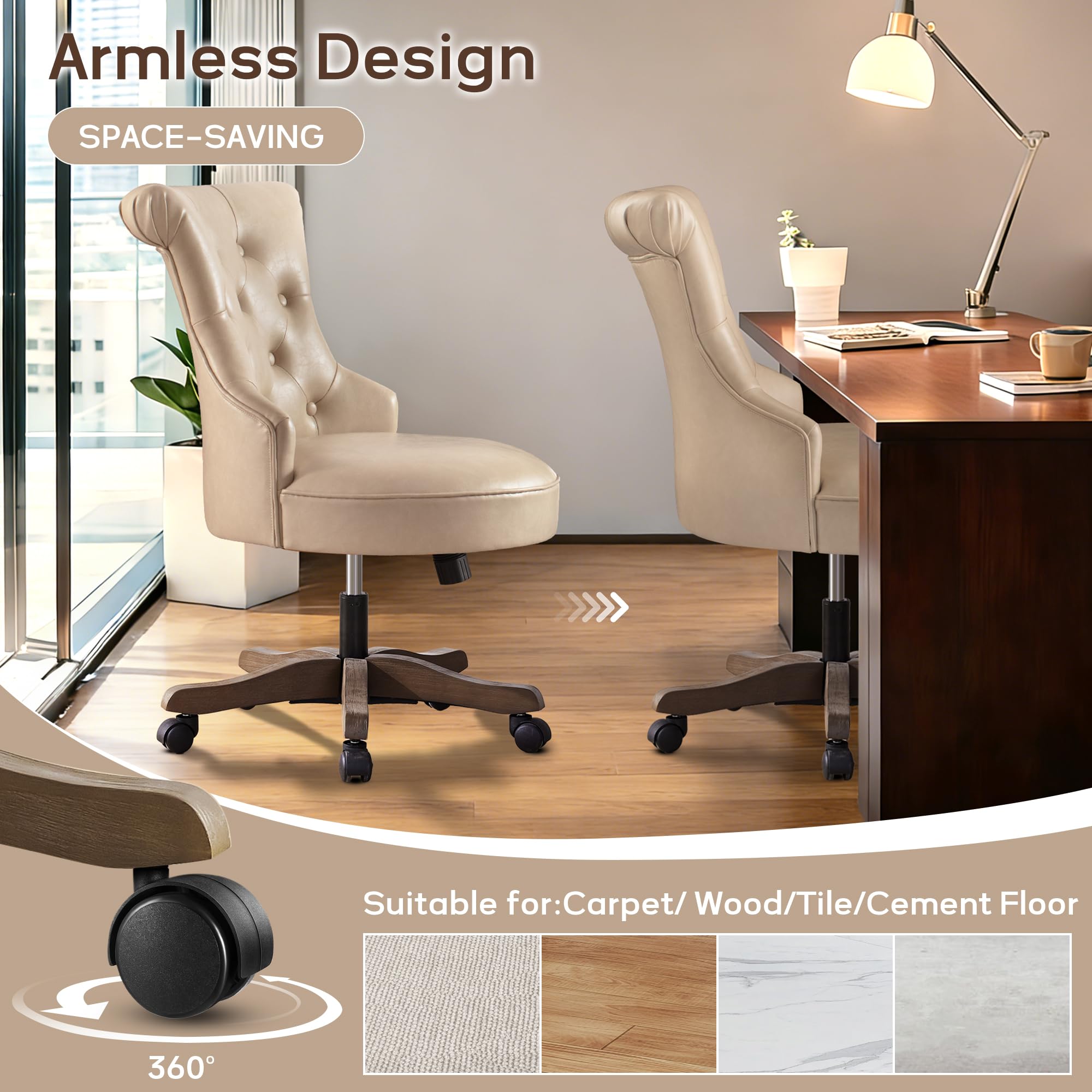 Home Office Chair Upholstered PU Leather Armless Desk Chair with Wheels Adjustable Height Computer Desk Chair with Wooden Legs Comfortable Swivel Chair for Home Office Study Studio (Light Taupe)