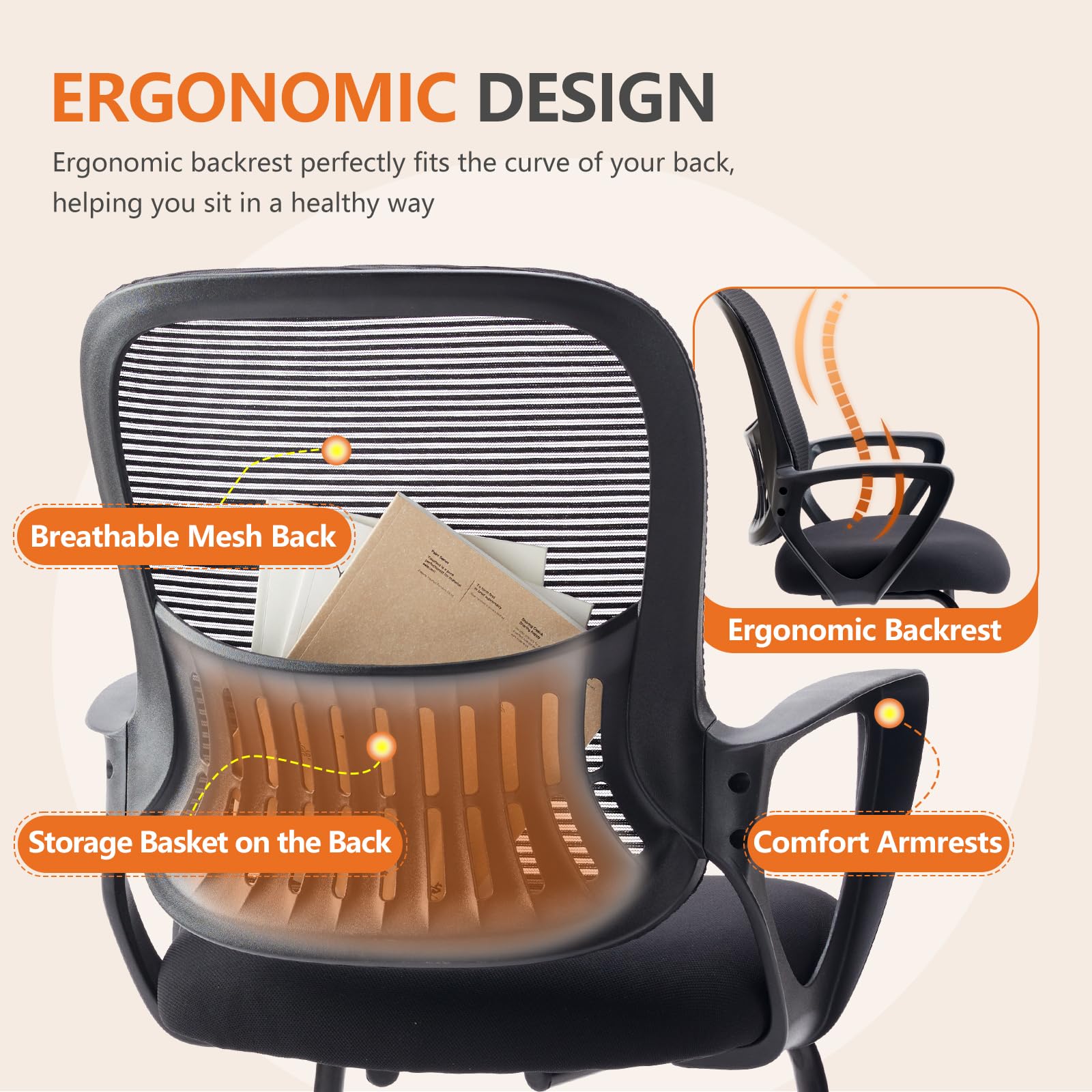 Set of 2, Reception Chair No Wheels, Stationary Non Rolling Mesh Mid Back Computer Guest Side with Lumbar Support for Waiting Area Reception Conference Room,Modern Black