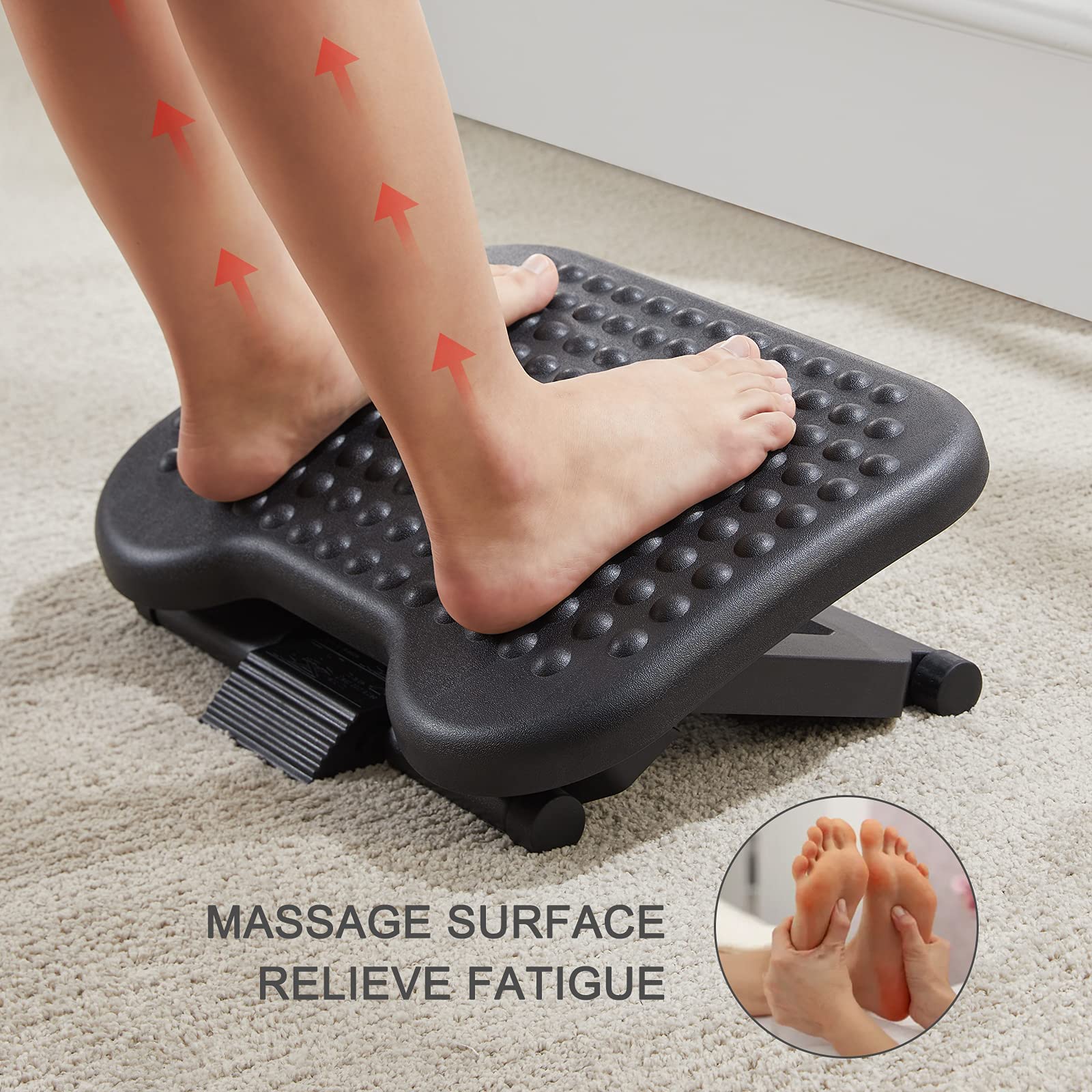 Adjustable Desk Footrest, Foot Rest for Under Desk at Work with Massage, Adjustable Foot Stool with 3 Height Position & 30 Degree Tilt Angle Adjustment for Home, Office