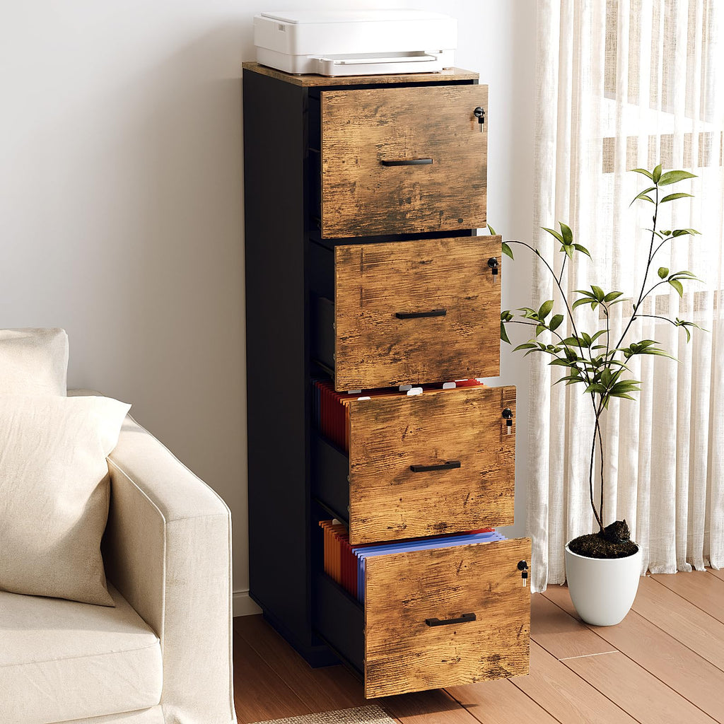 4 Drawer File Cabinet with Lock, Home Office Filing Organizer, for Letter Size File Folder Storage, Wood Tall Vertical Filing Cabinet, Printer Stand, Archivador (Rustic Brown)