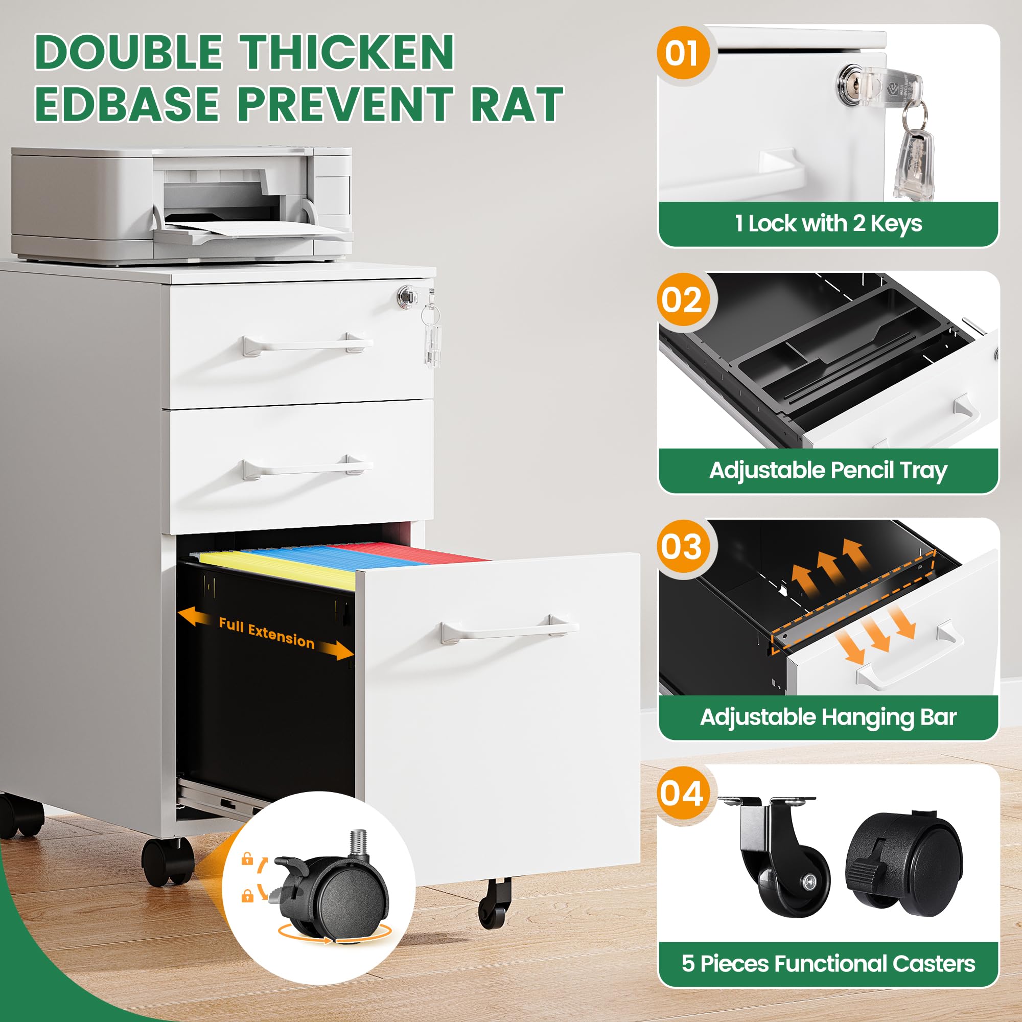 3 Drawer Slim File Cabinet, Mobile File Cabinet with Lock for Home Office, Rolling Narrow File Cabinet, Under Desk Locking Filing Cabinet on Wheels for Legal/Letter/A4 File(Unassembled,White)