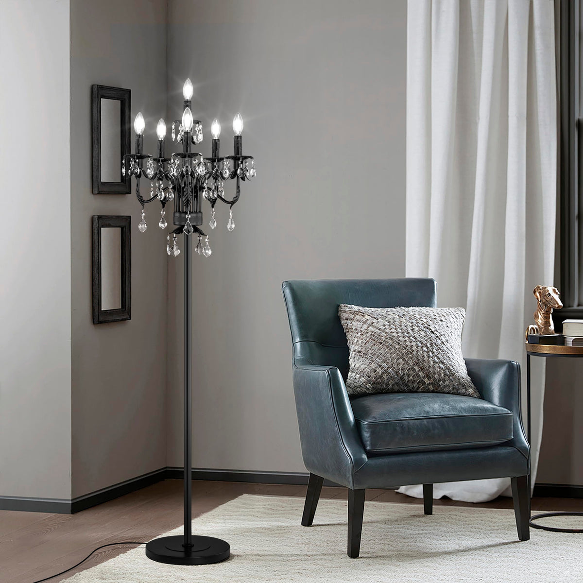 Black Crystal Floor Lamp, Tall Vintage Standing Living Room Lamp