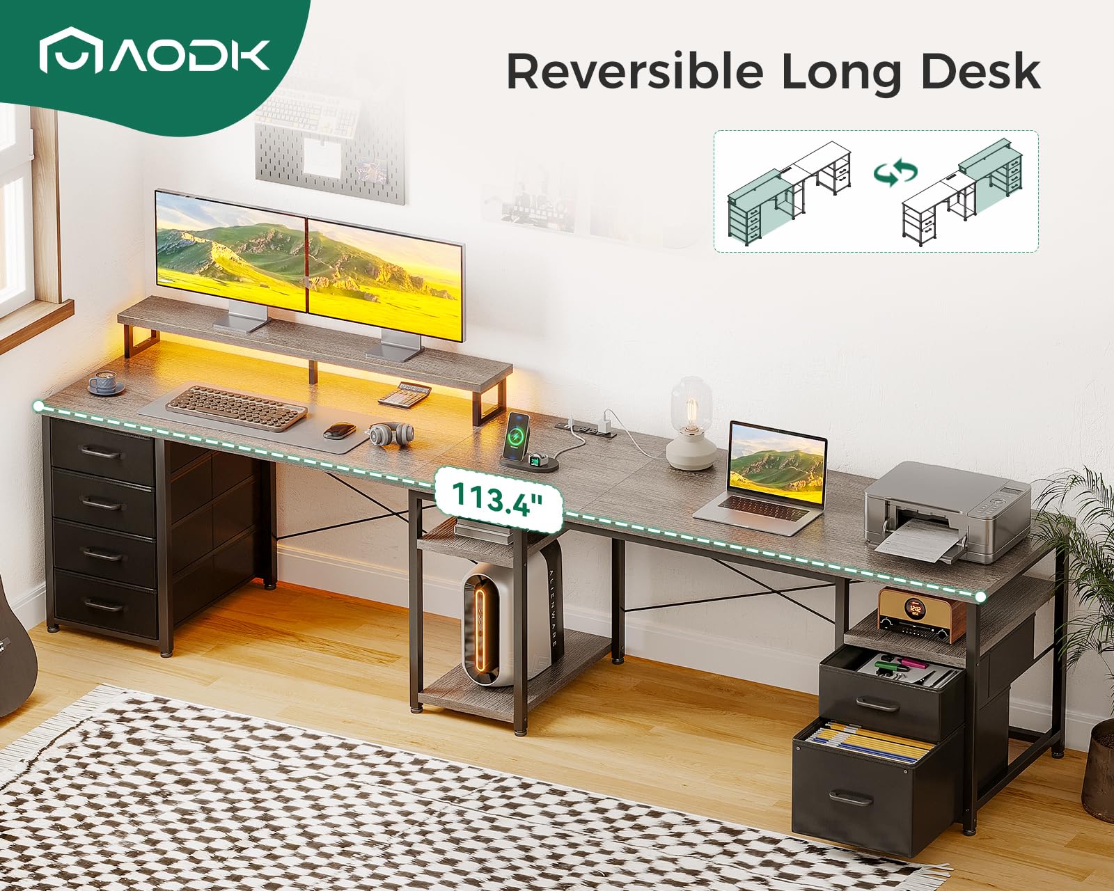 66" L Shaped Desk, 113" Computer Desk with File Cabinet & 4 Fabric Drawers, Home Office Desk with Monitor Shelf & Power Outlet, Two Person Desk or Corner Desk, Gaming Table with LED Light, Grey