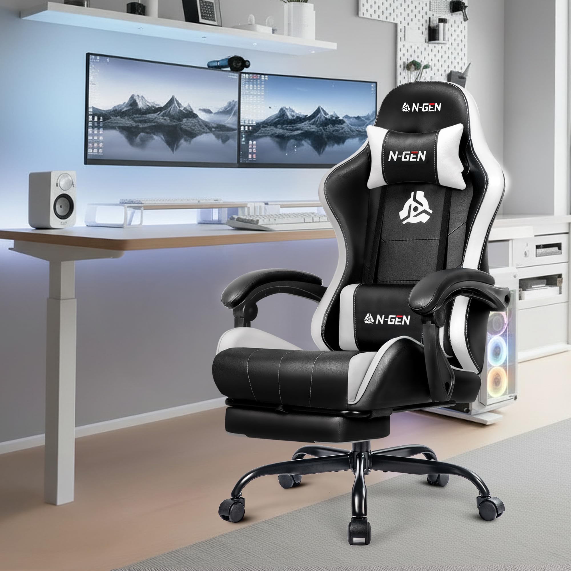 Gaming Chair with Footrest Lumbar Support for Home Office High Back Recliner Height Adjustable Ergonomic Comfy Leather Computer Desk Chair (White)