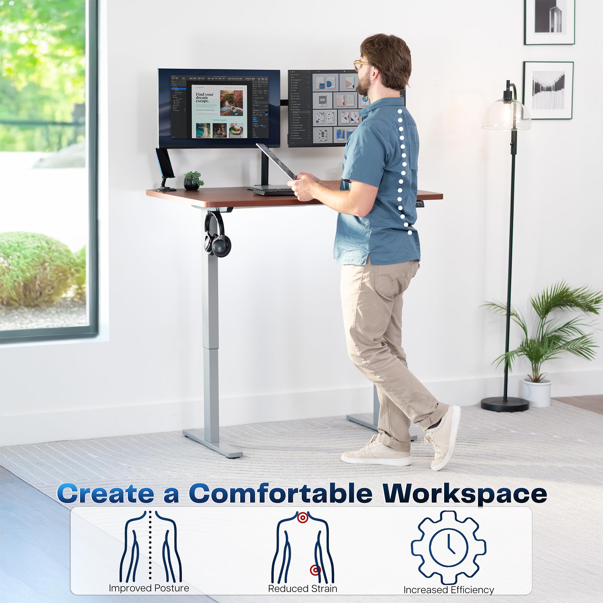 Electric 48 x 30 in Standing Desk, Memory Height Adjustment, 1B Series, Holds 220 lbs, One-Piece Dark Walnut Top, Gray Frame