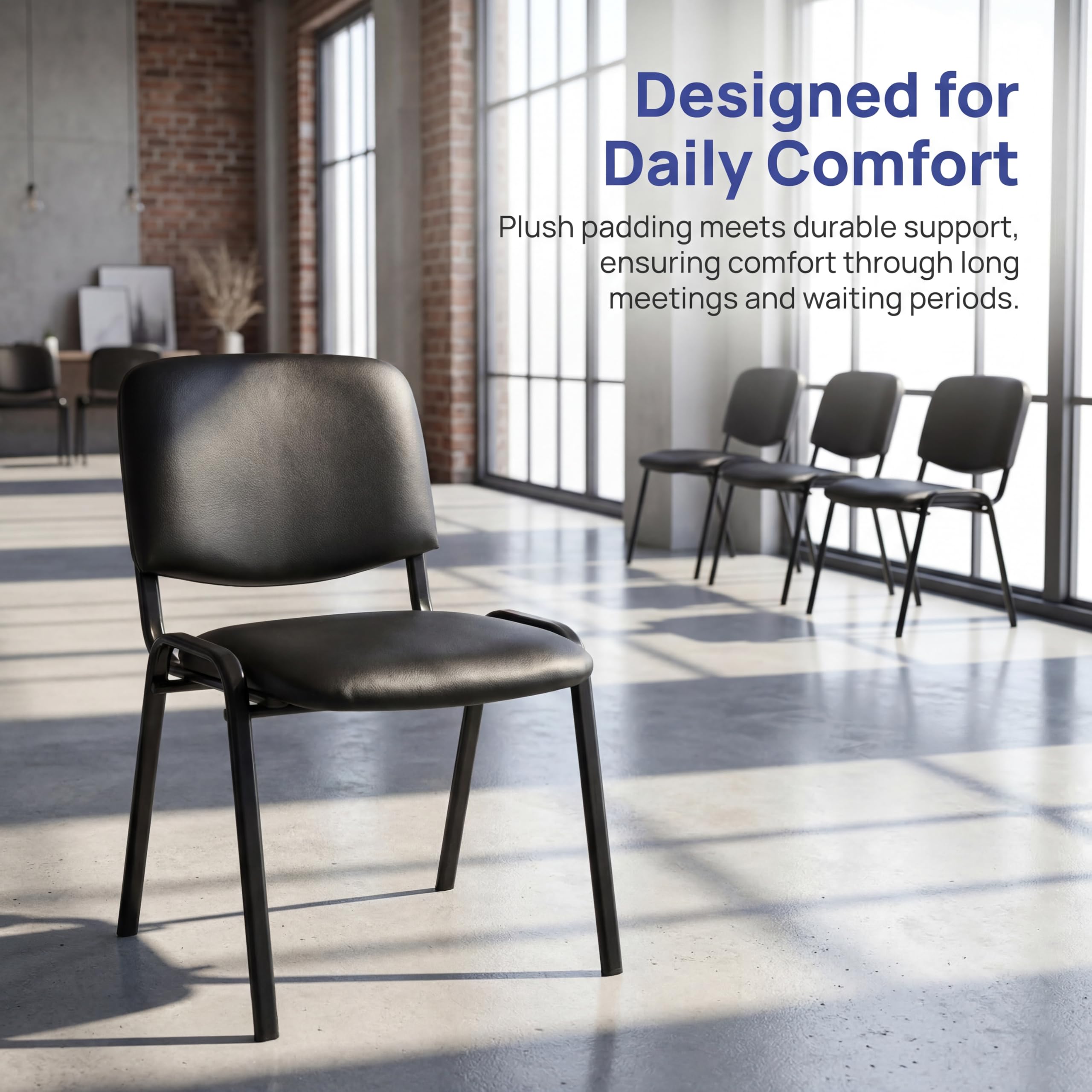 Set of 15, Black PU Leather, Stackable Office Guest Chairs, Reception Waiting Room Chairs with Padded Seat & Back, Armless No Wheels Conference Chairs for Office Meeting Lobby