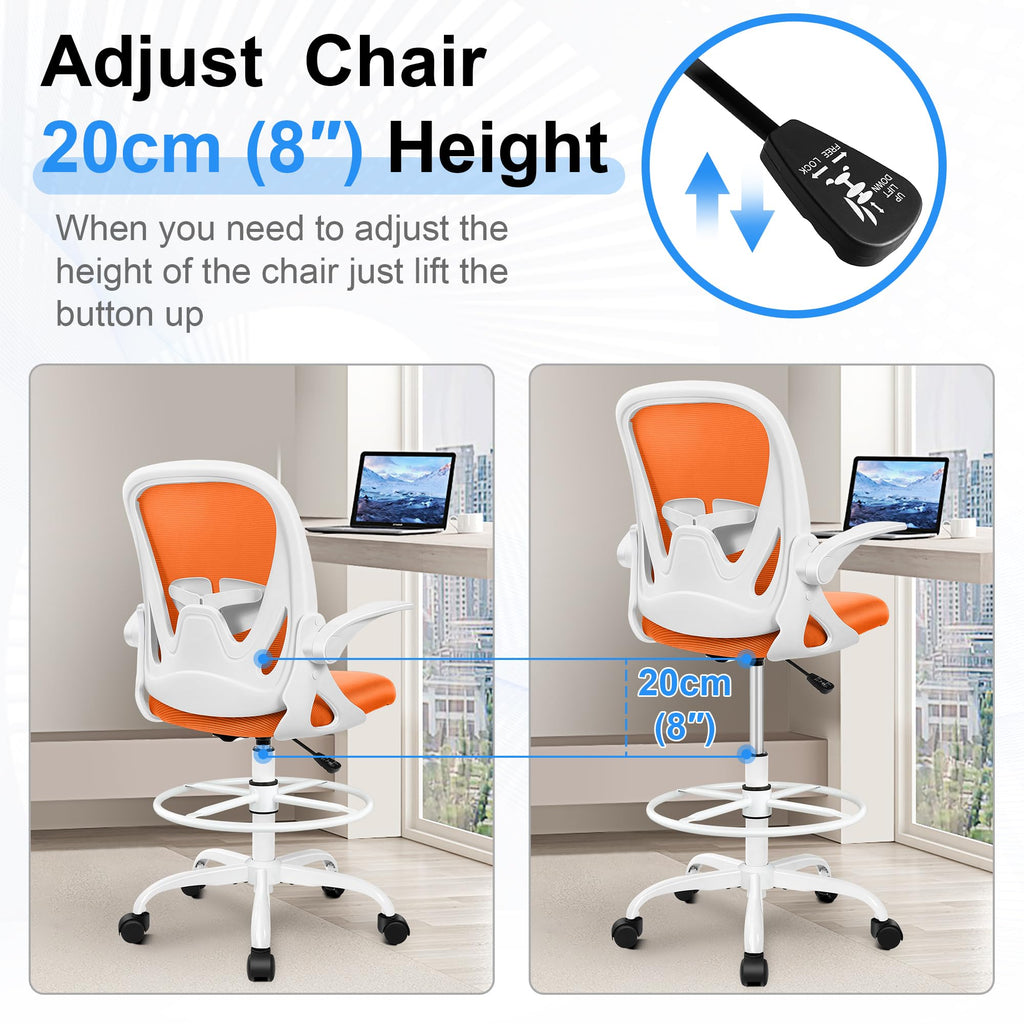 Drafting Chair Tall Office Chair with Flip-up Armrests Executive Ergonomic Computer Standing Desk Chair with Lumbar Support and Adjustable Footrest Ring (Sunset Orange)
