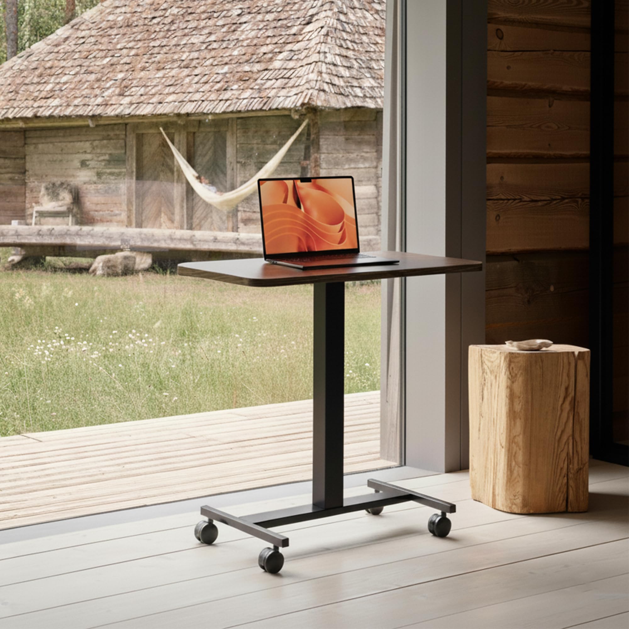 Small Rolling Laptop Standing Desk, Height Adjustable Mobile T-Base Desk with Lockable Casters, Portable Sit-Stand Workstation for Bedside & Sofa, Walnut