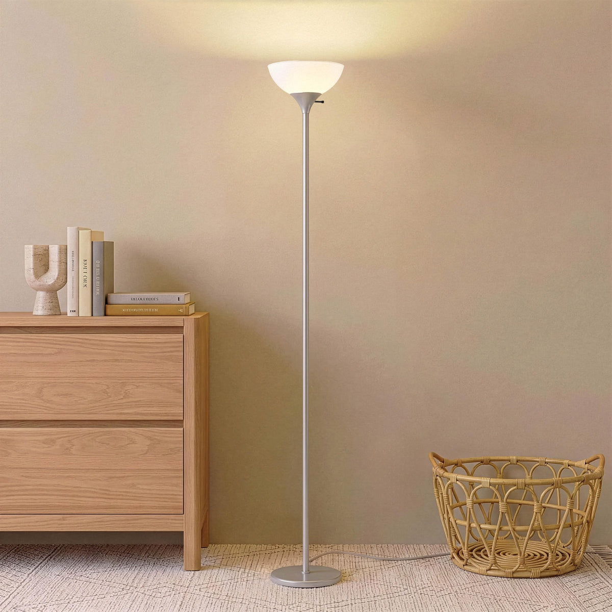 Sky Dome Dimmable LED Floor Lamp, Torchiere Floor Lamp for Living Room, Bedroom, & Office – Tall Torch Standing Lamp for Reading, Modern Home Decor – Platinum Silver