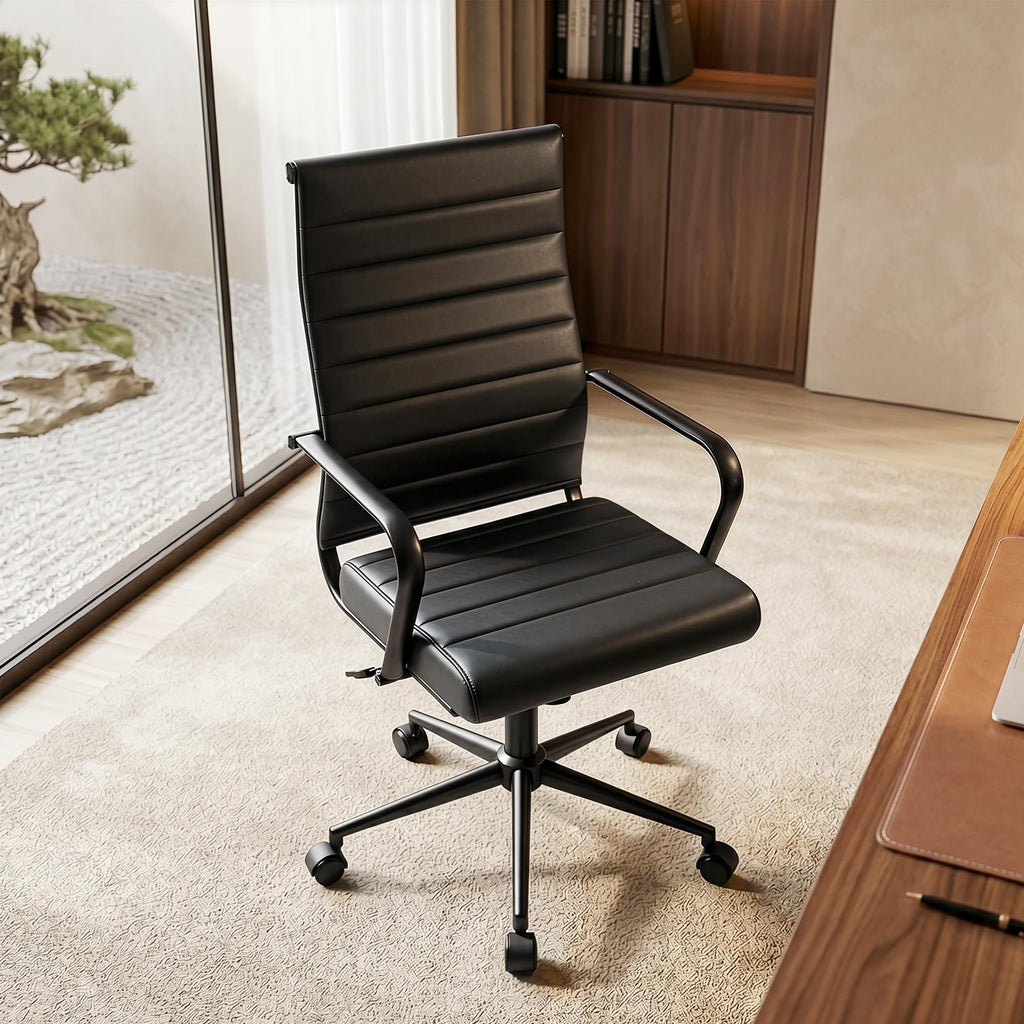 Leather Office Desk Chair, Conference Room Chairs Executive Chair Ribbed, Ergonomic Height Adjustable Swivel Rolling Chair for Home Office