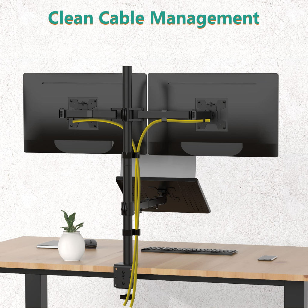 Triple Arm Laptop and Dual Monitor Desk Mount for 17" Notebook and Up to 27" Screens, Extra Tall Adjustable Monitor Stand with Laptop Tray, VESA 75x75 100x100, Black