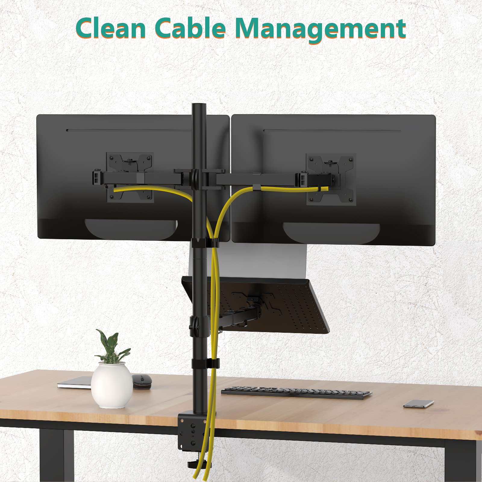 Triple Arm Laptop and Dual Monitor Desk Mount for 17" Notebook and Up to 27" Screens, Extra Tall Adjustable Monitor Stand with Laptop Tray, VESA 75x75 100x100, Black