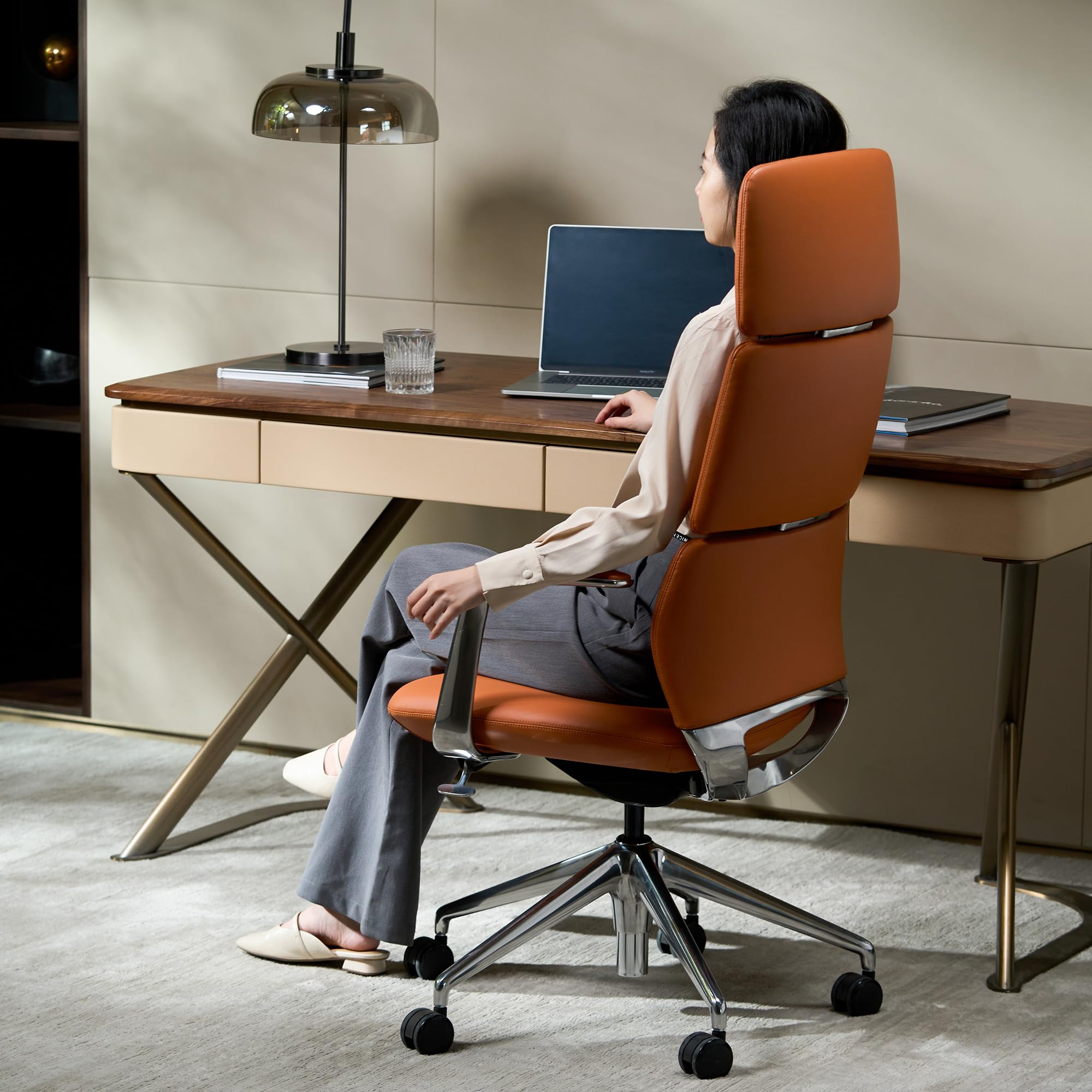 Executive Leather Office Chair, Top Grain Genuine Leather Executive Chair High Back with headrest, Adjustable Tilt & Height, Ergonomic Swivel Chair with Wheels (Orange)