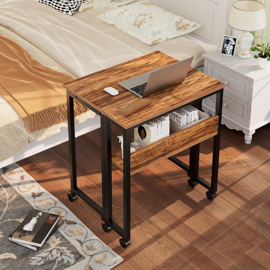 Folding Desk with Wheels, 31.5 Inch Compact Rolling Computer Table with Storage Shelf, Portable Mobile Workstation for Small Spaces, Easy Assembly, Walnut
