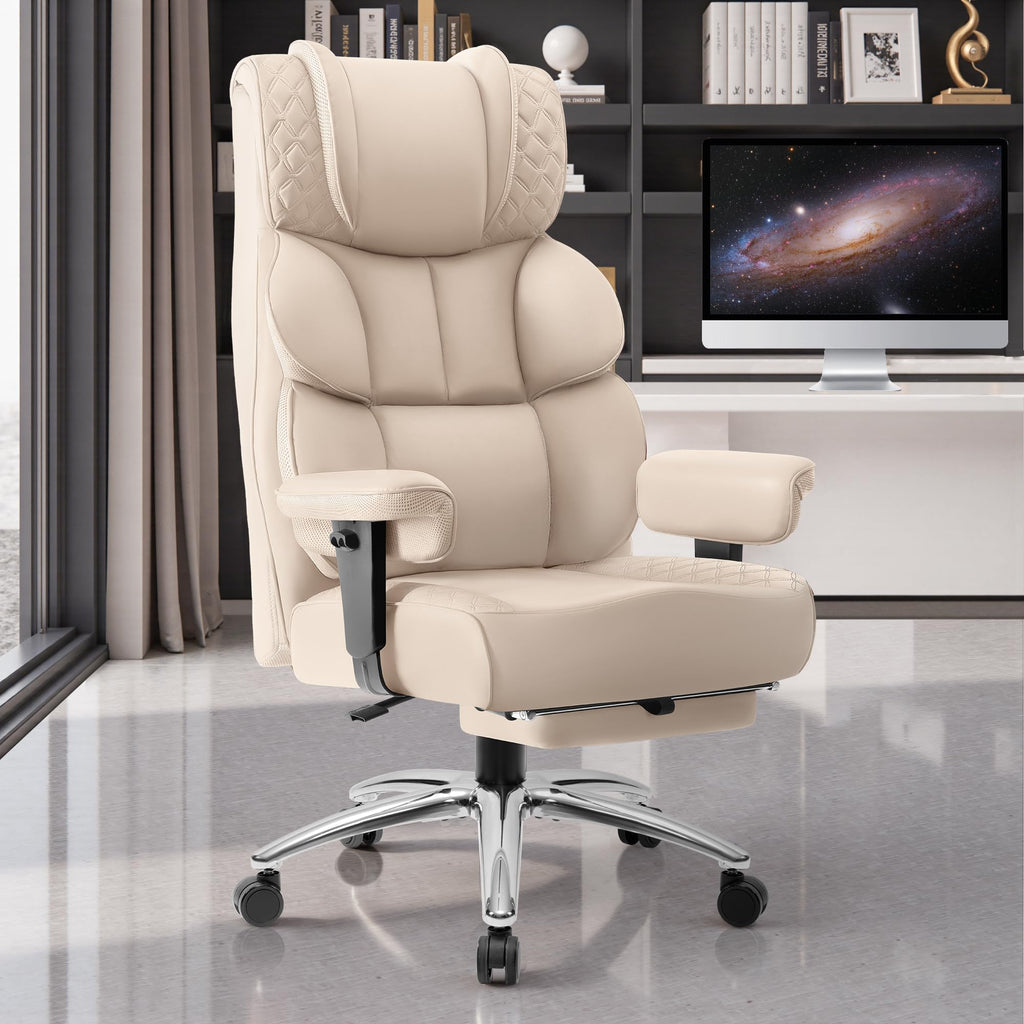 Office Desk Chair, Big and Tall Leather Gaming Chair with Footrest, Wide Ergonomic Comfy Executive High-Back Reclining Computer Chairs, Swivel Rolling Wheels and Padded Lumbar Support, Beige