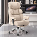 Office Desk Chair, Big and Tall Leather Gaming Chair with Footrest, Wide Ergonomic Comfy Executive High-Back Reclining Computer Chairs, Swivel Rolling Wheels and Padded Lumbar Support, Beige