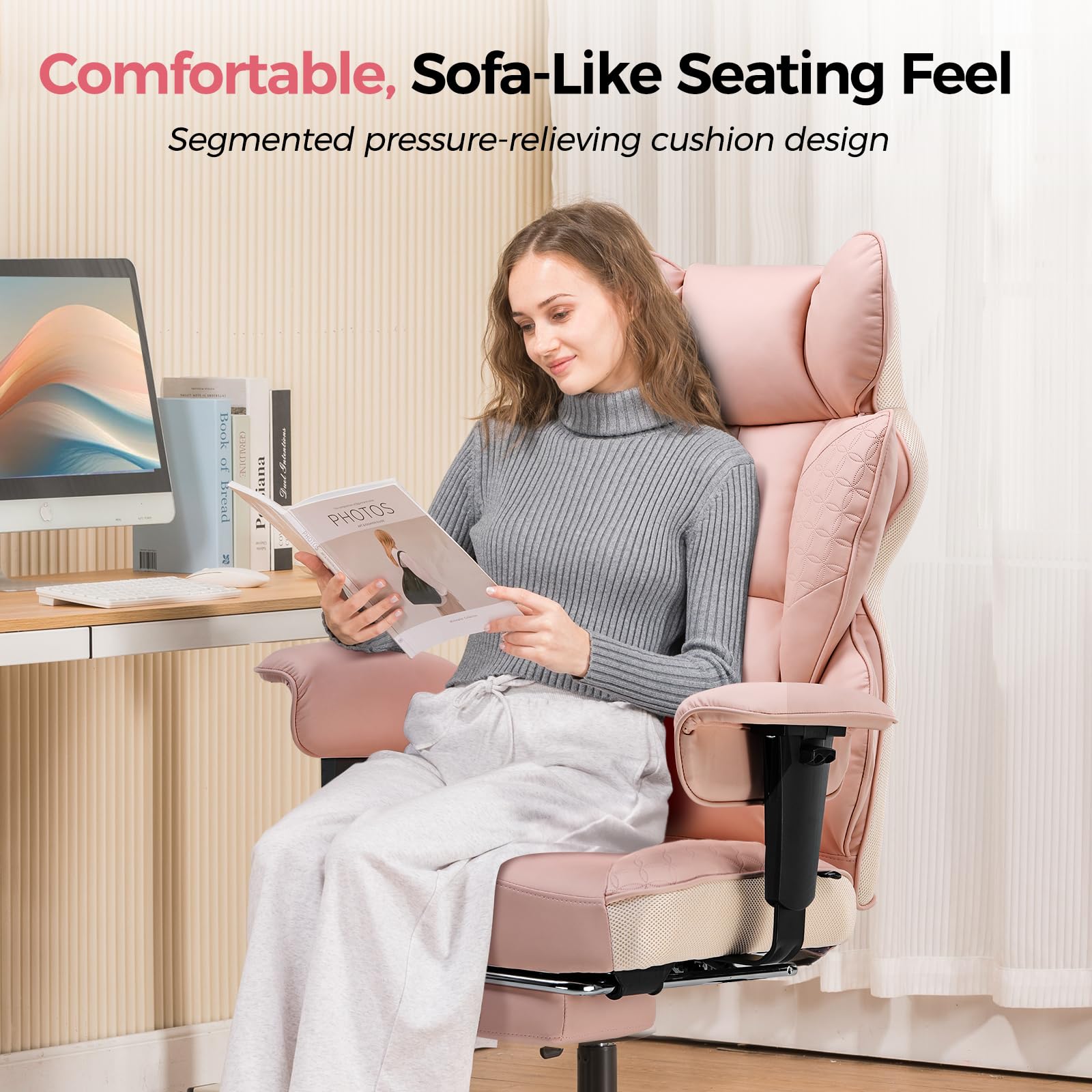 Big and Tall Gaming Chair 400lbs Heavy Duty Office Chair with Foot Rest & Ergonomic Pocket Spring Lumbar Support, High Back 3D Saddle Shaped Cushion for Back Pain Relief, Pink