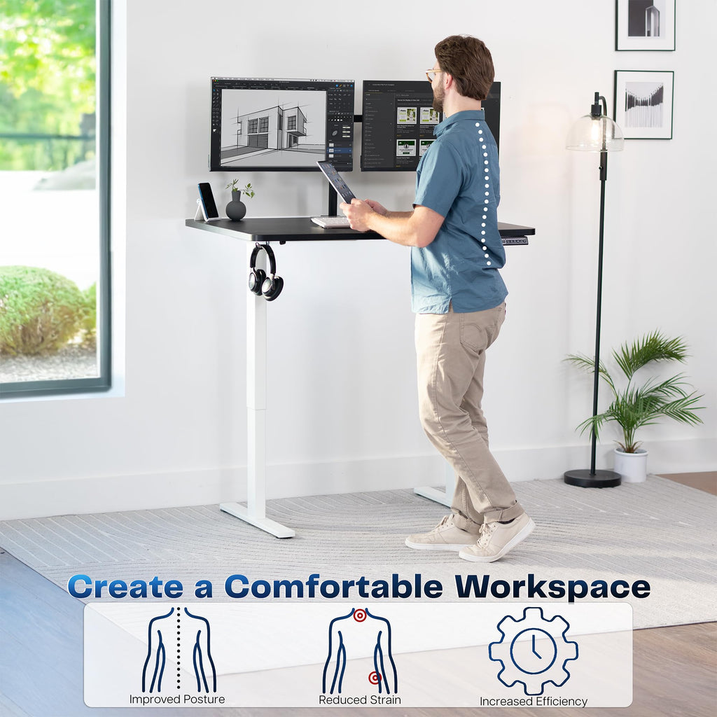 Electric 48 x 30 in Standing Desk, Memory Height Adjustment, 1B Series, Holds 220 lbs, One-Piece Black Top, White Frame,