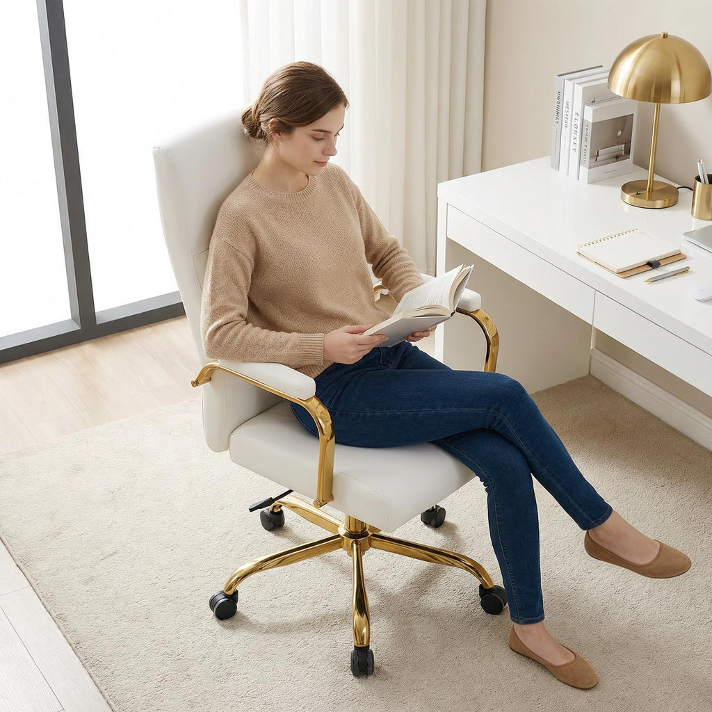 White and Gold Office Desk Chair,Leather Conference Room Chairs with Wheels,Modern High Back Executive Office Chair with Memory Foam,Ergonomic Swivel Computer Chair for Home Office