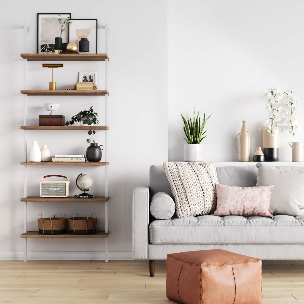 6-Shelf Tall Bookcase, Wall Mount Bookshelf with Natural Wood Finish and Industrial Metal Frame, Rustic Oak/White