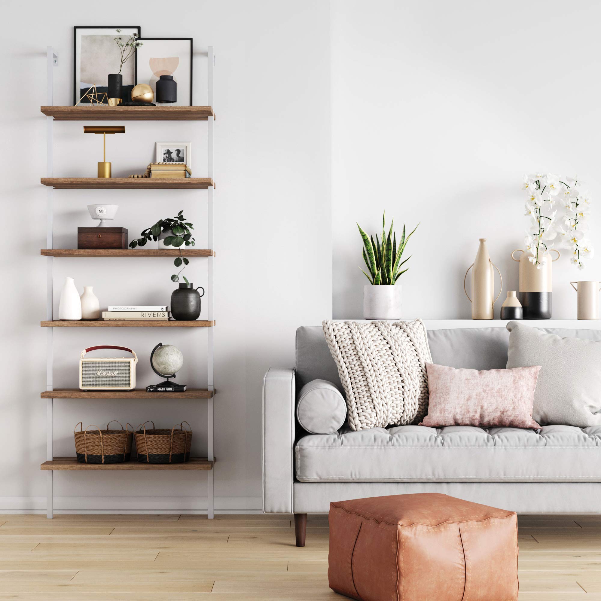 6-Shelf Tall Bookcase, Wall Mount Bookshelf with Natural Wood Finish and Industrial Metal Frame, Rustic Oak/White