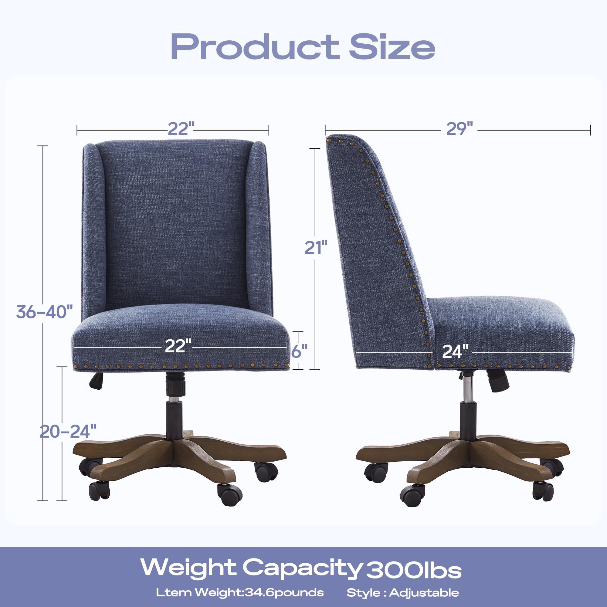 Armless Office Chair with Wooden Legs, Modern Adjustable Upholstered Office Desk Chair No Arms Computer Chair Swivel Chair for Home Office Study Studio (Blue)