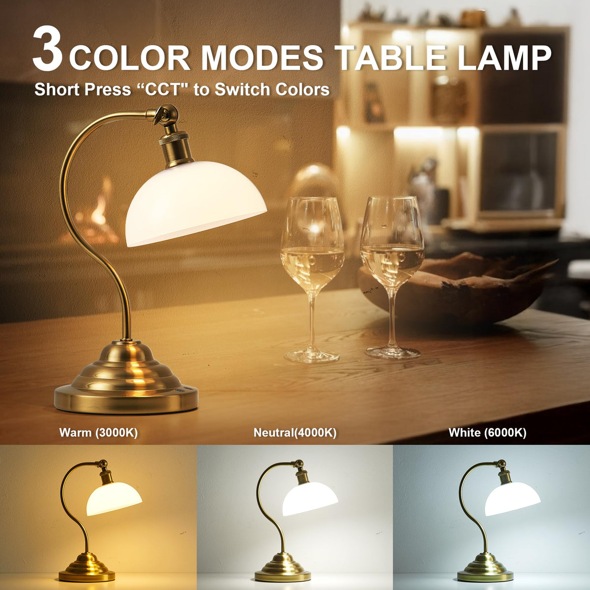 Cordless Table Lamp, Battery Operated Vintage Desk Light, Brass & White