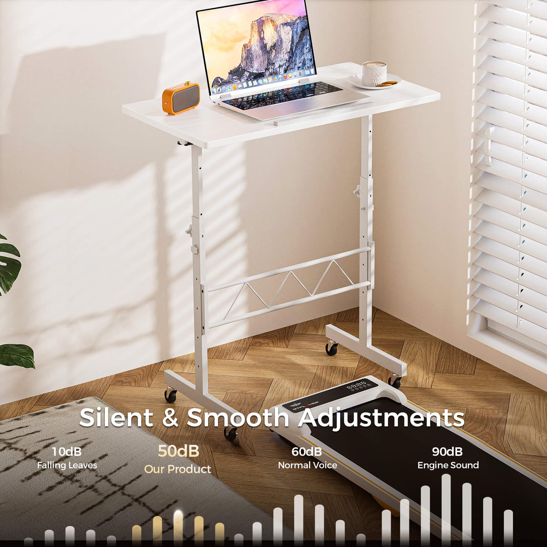 Standing Desk Adjustable Height & Tiltable Tabletop, Portable Stand Up Desk for Laptop, Mobile Folding Desk for Home Office Work and Walking Pad Treadmill, Height 30.7"-46.4", White