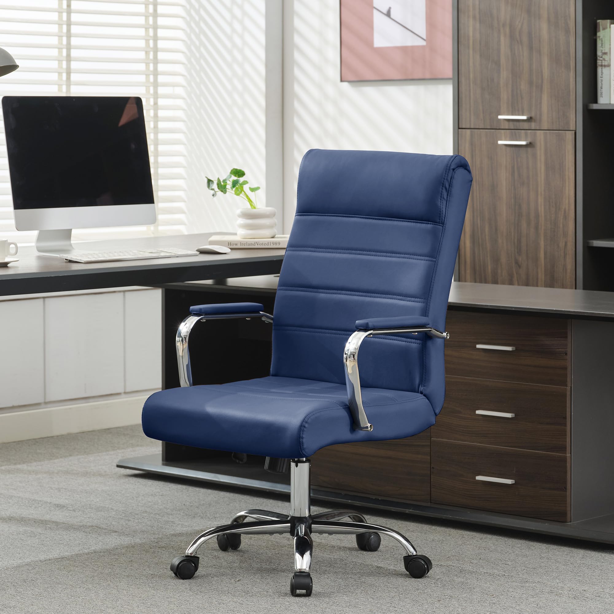 Modern Office Desk Chair, Conference Room Chairs, High Back Ergonomic Home ofiice Chair, Adjustable Height Swivel Executive Computer Chair with Armrest and Padded Seat (Blue)