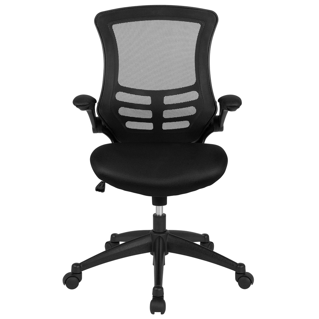 Set of 8 Mid-Back Swivel Ergonomic Task Office Chairs with Flip-Up Arms, Black Mesh